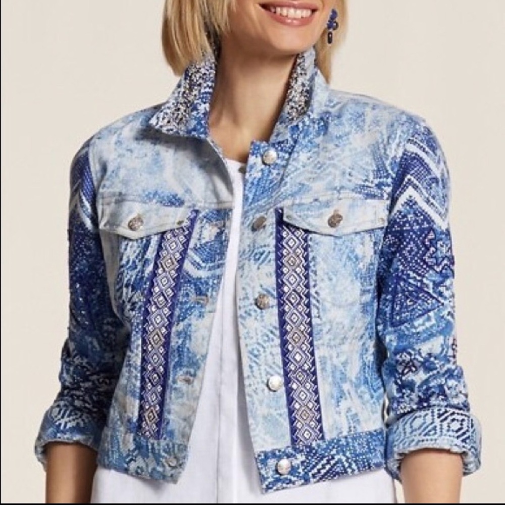 Chico's Blue and White Geometrical Beaded Jean Jacket
